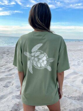 Green Casual Women's Cute Sea Turtle Print Loose Round Neck Short Sleeve T-Shirt